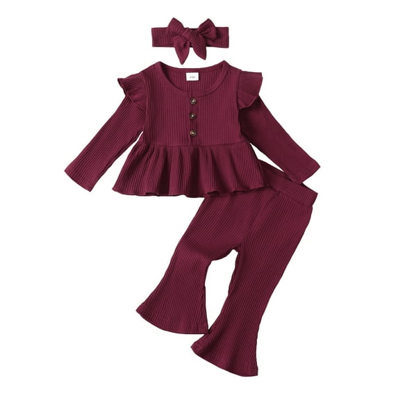 6 Months Infant Baby Girls Clothes Baby Girls Outfits 6-12 Months Baby Girls Long Sleeve Round Neckline Solid Color Ruffle Top Pants Headband 3PCS Set Red