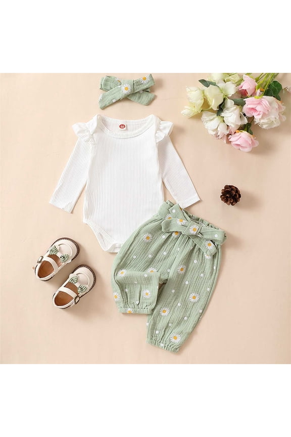 6 Months Newborn Baby Girl Clothes Basic Plain Solid Ribbed Knit Ruffle Long Sleeve Romper Pants Headband 3 Piece Outfits Set Green