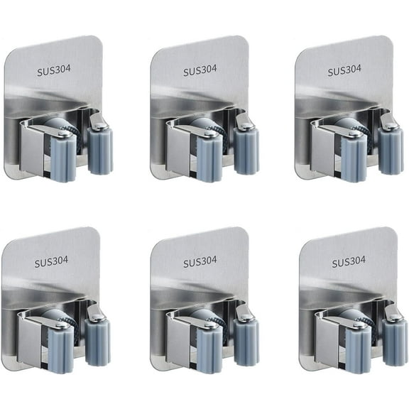 6 Mop Broom Holder,Stainless Steel Mop Holder,Wall Mounted Heavy Duty Broom Gripper Holders Hooks Sweeping Organizers Clips,Hanger Brush Storage Rack For Bathroom Kitchen Office Closet Garden Garage