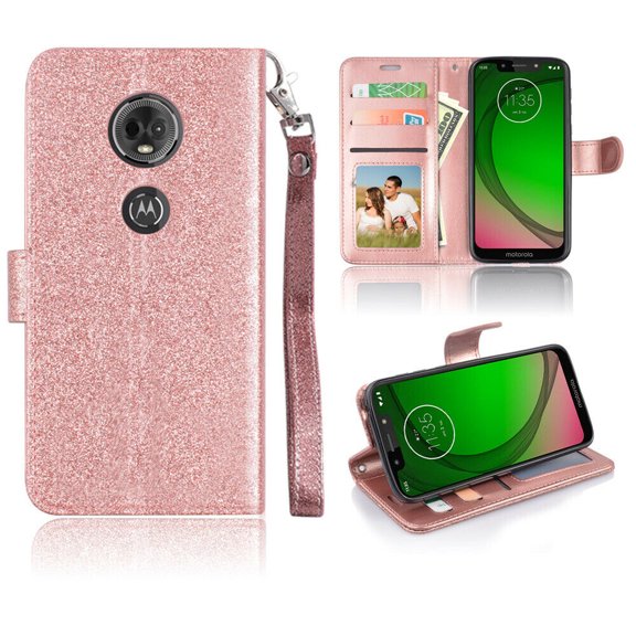 for 6" Motorola Moto E5 Plus Luxury Glitter Hybrid Material Grip & Anti-Slip Dust & Debris Protection Shock Absorption Foldable Kickstand Landscape Mode Leather Strap Slot Wallet Case [Rosegold]