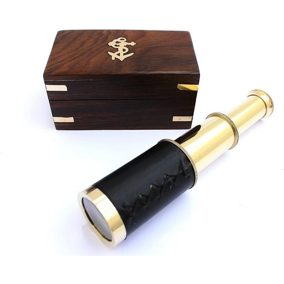 6" Nautical Handheld Pirate Brass Telescope with Anchor on Wooden Box , Sailor Home Decor Toy Gift