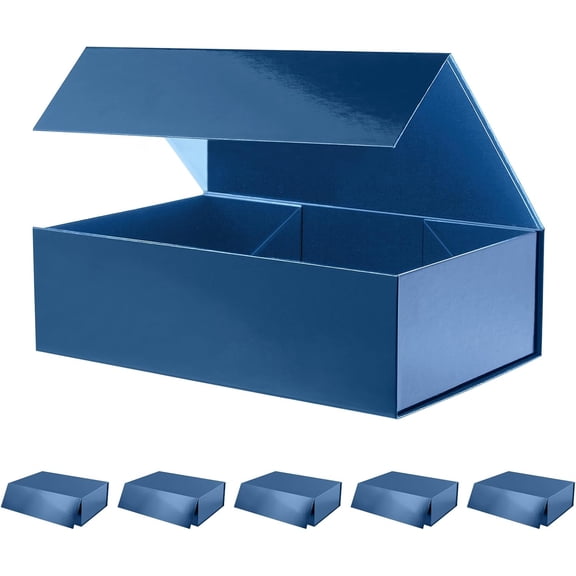 6 Navy Blue Large Gift Boxes with Lids, 13.5 x 9 x 4.1 Inches, Glossy Finish, Magnetic Closure