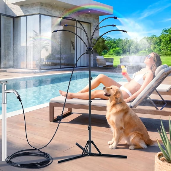 6-Nozzle Adjustable Standing Misters for Outside Patio - Stand Misting System for Cooling Outdoor Areas, Easy to Install & Maintain, Custom Coverage, Durable for Backyard Use.