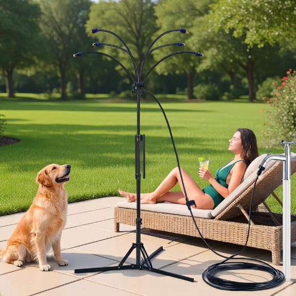 6-Nozzle Outdoor Standing Misting System, Adjustable Patio Misters, Telescopic Pole up to 6.8 ft, 26 ft Hose Included