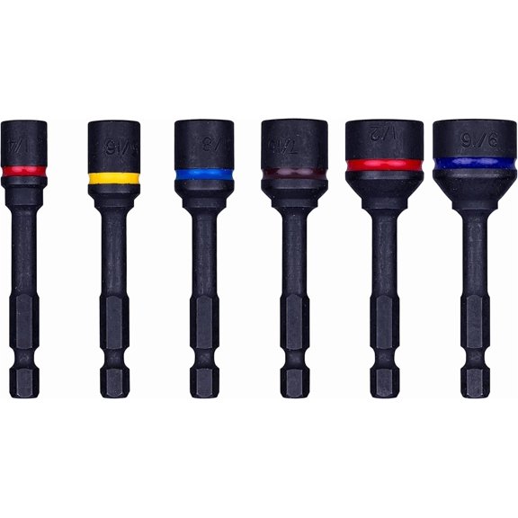 6- Nut Driver Set, S2 Impact 2-9/16" Nut Setters, Imperial Sizes 1/4"-5/16"-3/8"-7/16"-1/2"-9/16"