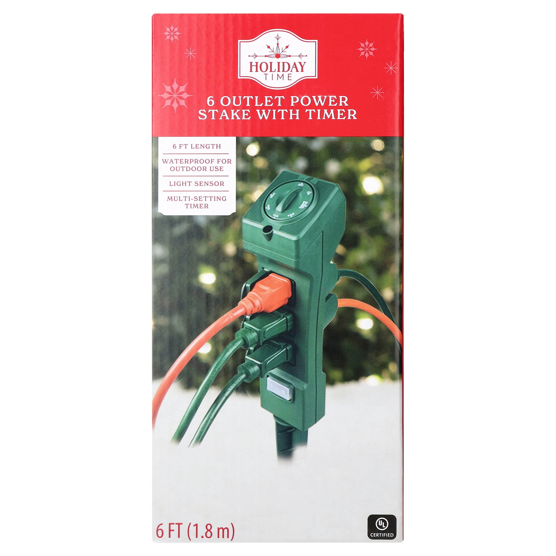Outdoor 6-Outlet Power Stake with Timer, 1625 Watts, Green, 6', by Holiday Time