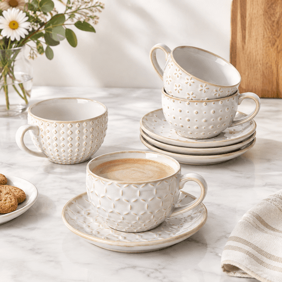 6 OZ Ceramic Cappuccino Cups With Saucers Set of 4, Arctic White Embossed Coffee Mugs