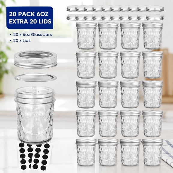 6 OZ Mason Jars, 20 Pack Canning Jars with Lids, Perfect for Jam, Honey, Wedding Favors, Shower Favors, Extra 20 Lids Included