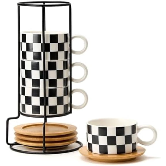 6 Ounce Ceramic Stackable Black and White Checkered Espresso Cups with Saucers and Metal Stand Set of 4, Cappuccino Cups Set for Coffee Drinks, Latte, Cafe Mocha and Tea, White Interior