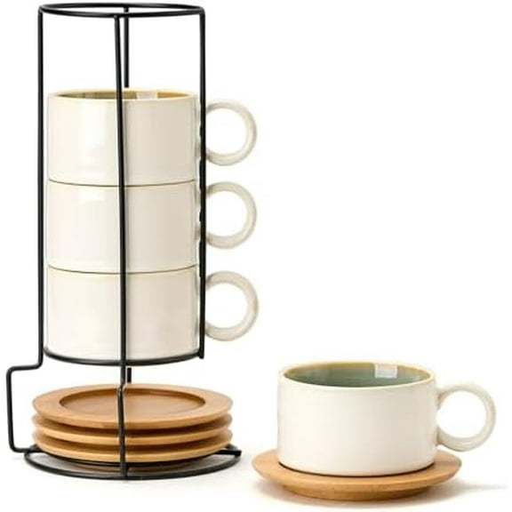 6 Ounce Porcelain Stackable Espresso Cups with Saucers and Metal Stand Set of 4, Ceramic Cappuccino Cups Set for Specialty Coffee Drinks, Latte, Cafe Mocha and Tea, White Green Interior