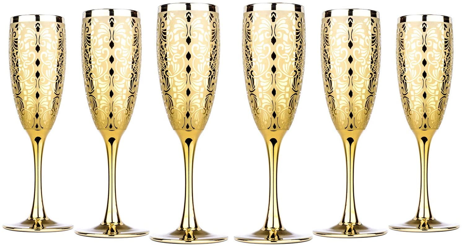 Golden Patterned 6-Ounce Crystal Champagne Flutes Set