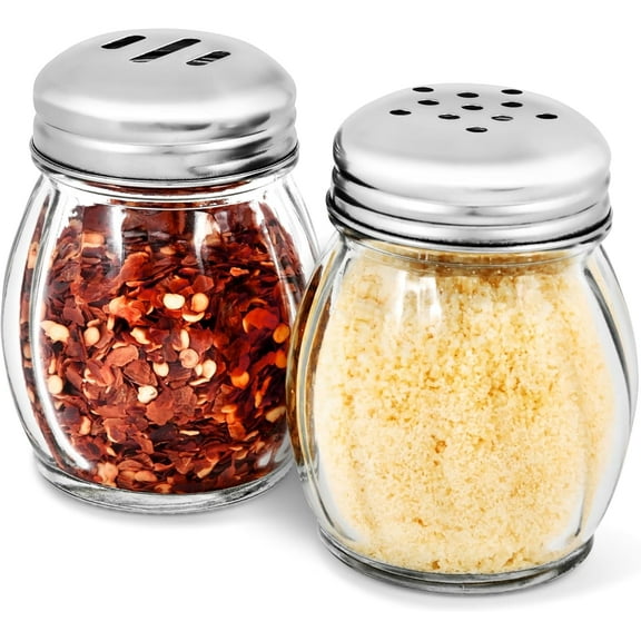 6-Ounces Glass Spices Shaker With Perforated Stainless Steel Top And Parmesan Cheese Shaker With Slotted Stainless Steel Top/Set of 2/Bulk Swirl Retro Style Dispensers With Lids/Salt & Pepper Shakers