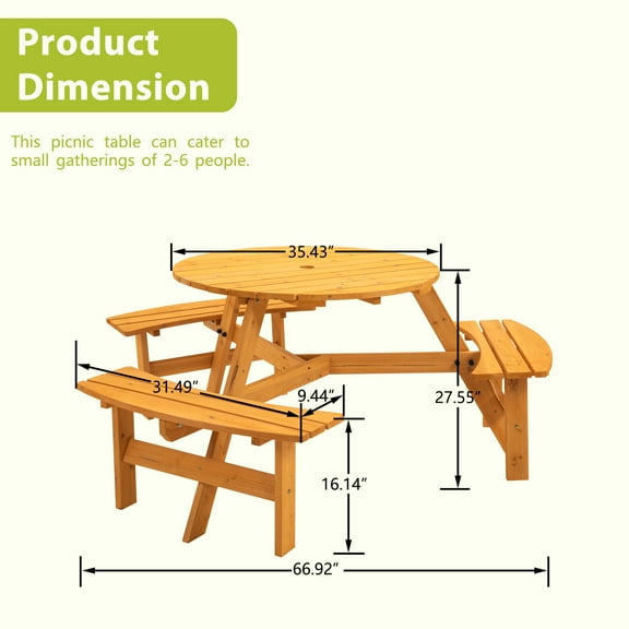 6 Outdoor Picnic Table In Wooden Construction - 35" Round Tabletop For Patio, Backyard, Garden, Natural Splendor Garden Tabletop, 3 Benches, 1720lb Capacity, Fir Wood