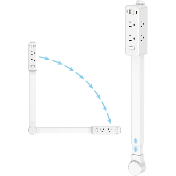 6-Outlet Extender Power Strip with 4 USB Ports, Extends 22 to 34 Inches, 180-Degree Rotating Design for Nightstand Couch and Desk Use