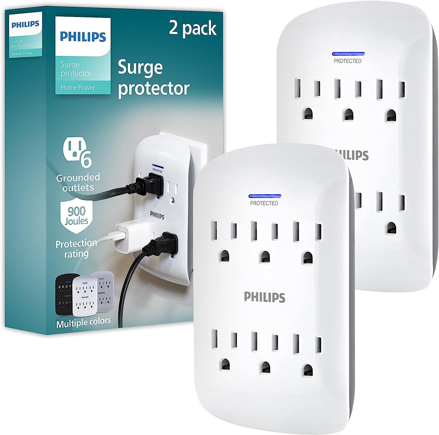 6-Outlet Extender Sur Protector, 2 Pack, Wall Tap, 900 Joules, 3-Prong, Space Saving Design, Protection Indicator LED Light, ETL Listed, White, SPP3466WA/37