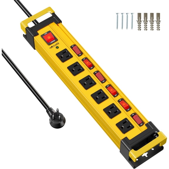 6 Outlet Heavy Duty 2700J Power Strip Surge Protector with Individual Switches Metal Mountable Power Strip with Flat Plug and Cord Manager, 6FT Long Extension Cord for Workshop, Workbench and Garage
