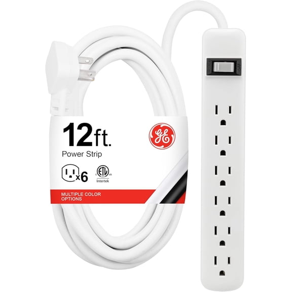 6-Outlet Power Strip, 12 Ft Extension Cord, Flat Plug, Grounded, Integrated Circuit Breaker, 3-Prong, Wall Mount, ETL Listed, White, 45195