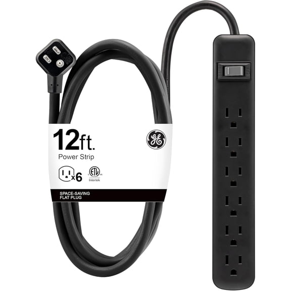 6 Outlet Power Strip 12 Ft Long Extension Cord 3 Prong Outlets UL Listed Black 45192