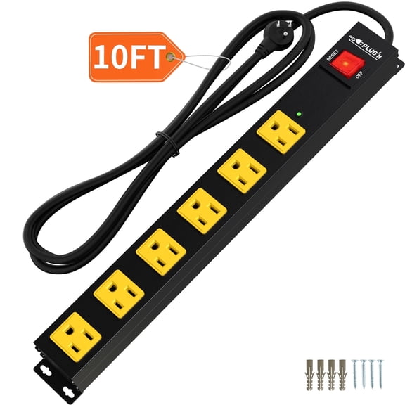 Plug'n 6-Outlet Power Strip Surge Protector, 2700J, 10FT Heavy Duty Cord with Flat Plug, Wall Mountable Metal Outlet Bar for Desk, Garage, Workbench