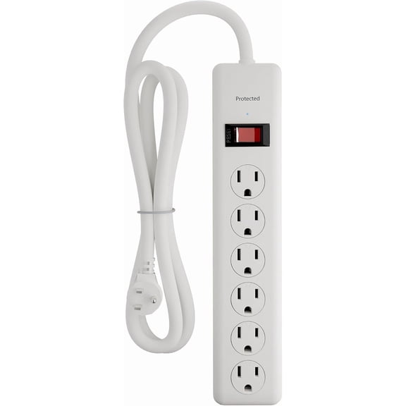 6-Outlet Power Strip Sur Protector 1-Pack 4-Foot Extension Cord 600 Joules Twist-to-Close Safety Covers 90 Degree Flat Plug Overload Protection White