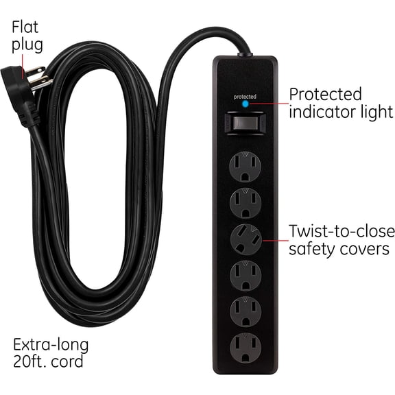 6-Outlet Sur Protector, 20 Ft Extension Cord, Power Strip, 800 Joules, Flat Plug, Twist-to-Close Safety Covers, Protected Indicator Light, UL Listed, Black, 50769