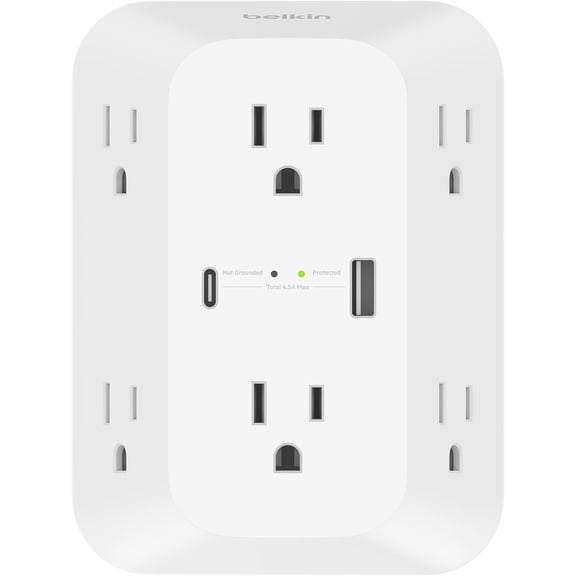 6-Outlet Sur Protector Power Strip, ETL-listed, Wall-Mountable w/ 6 AC Outlets, Overvolta Protection, LED Indicator, USB-C & USB-A Ports w/ USB-C PD Fast Char - 1,680 Joules of Protection
