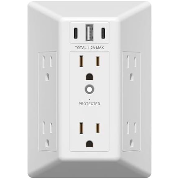 6 Outlet Surge Protector Extender with 20W 4.2A 3 Type A/C Chargers, 1500 Joules, Multi Plug Wall for Office, UL-Listed, White