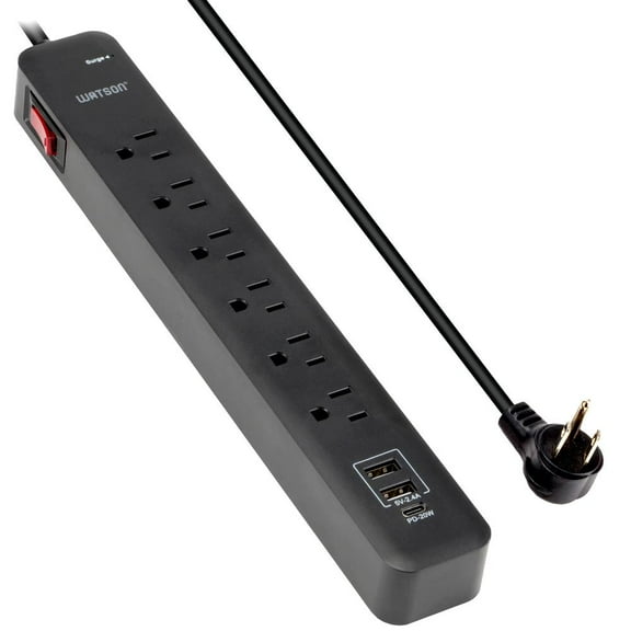 6-Outlet Surge Protector Power Strip with 1 USB-C & 2 USB-A Ports – 6' Cord, 450 Joules of Surge Protection, LED Indicator - Power Strip for Home & Office Use by Watson(Black)