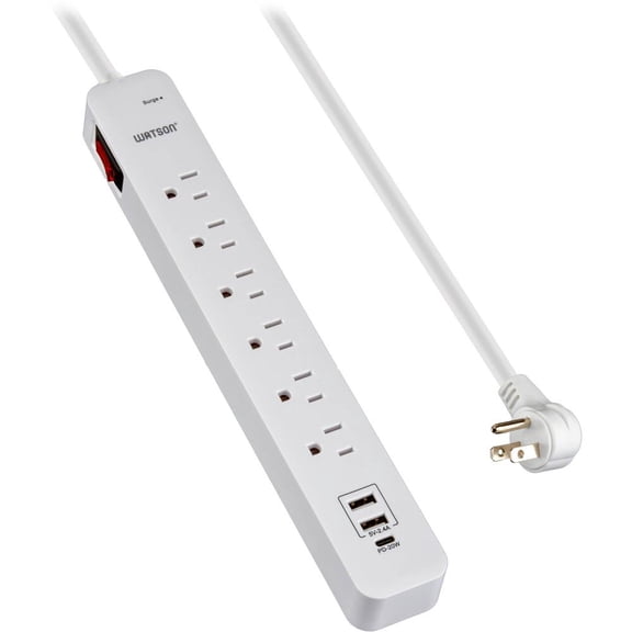 6-Outlet Surge Protector Power Strip with 1 USB-C & 2 USB-A Ports – 6' Cord, 450 Joules of Surge Protection, LED Indicator - Power Strip for Home & Office Use by Watson(White)