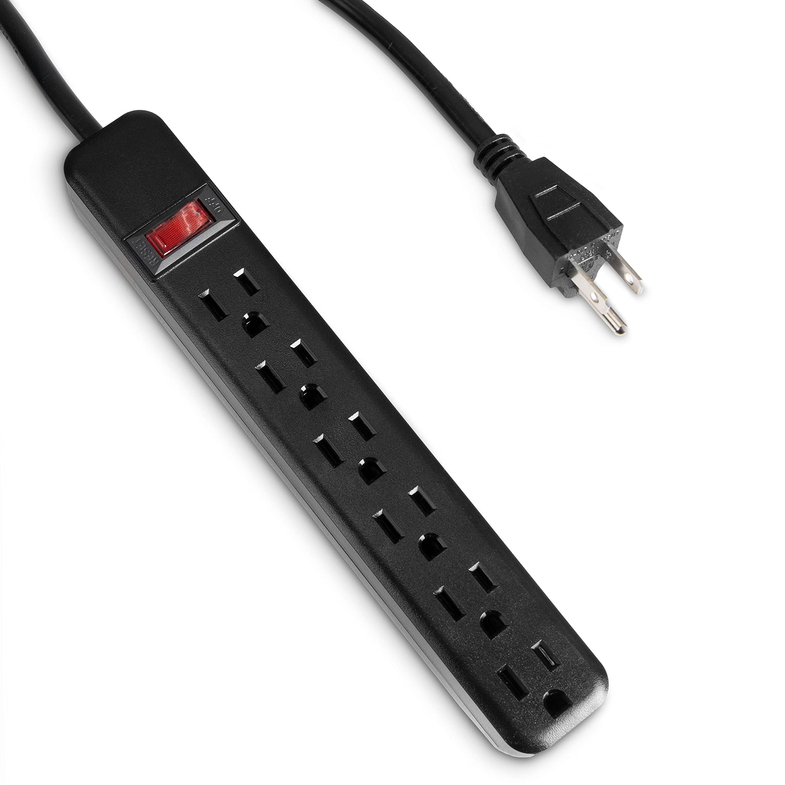 6 Outlet Surge Protector Power Strip - 14/3 SJT Black Surge Suppressor with 10 Foot Long Extension Cord, 15A/1875W, ETL Listed