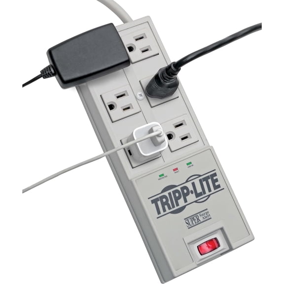 6 Outlet Surge Protector Power Strip, 6ft Cord, Right-Angle Plug, & $50,000 Insurance (TR-6) Grey