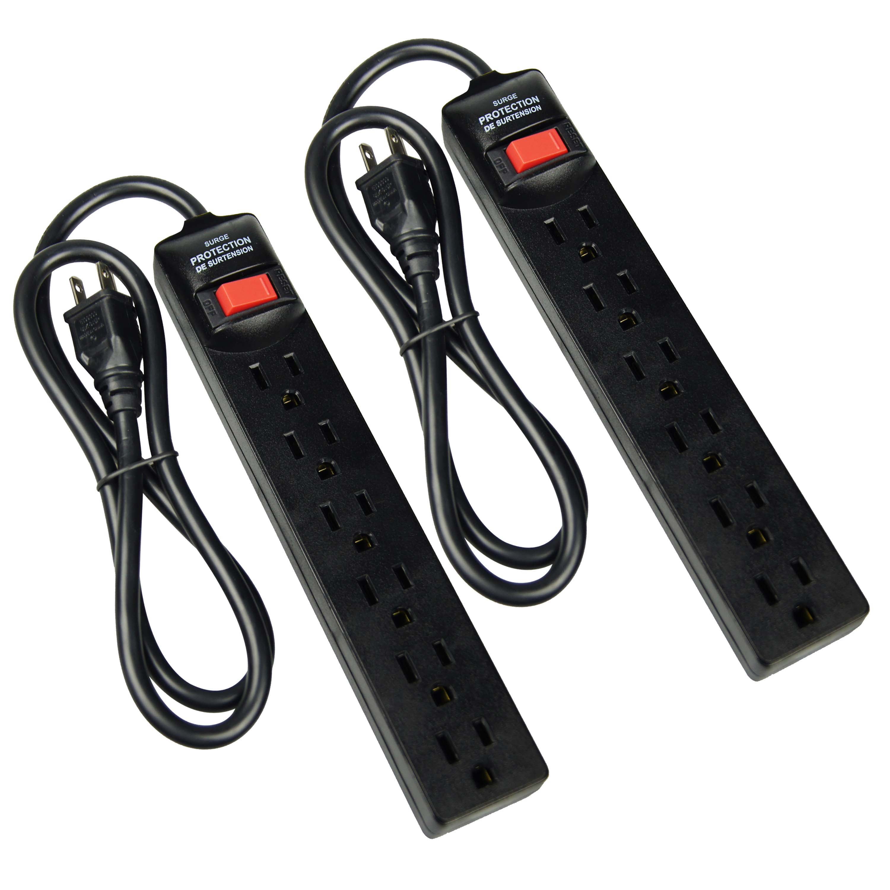 Basics 6-Outlet, 200 Joule Surge Protector Power Strip, Pack of 2,  Rectangle, 2 Foot, Black