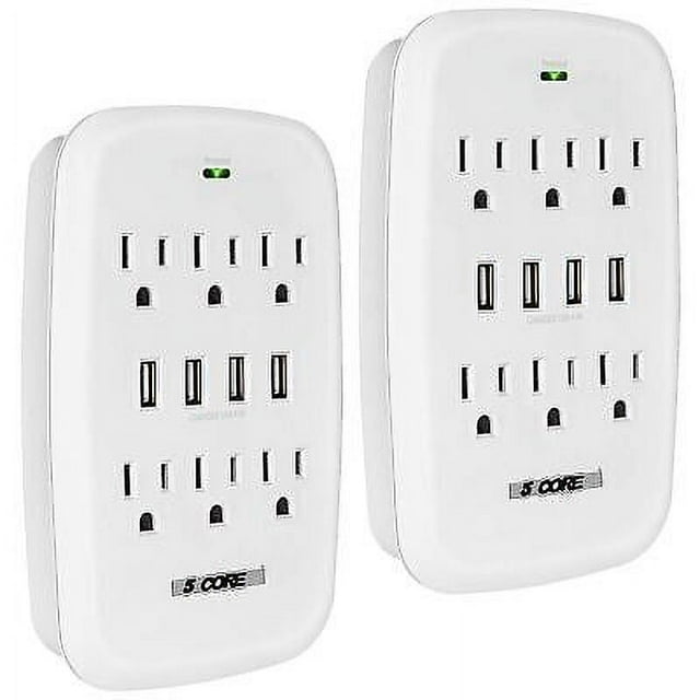 6 Outlet Wall Plug Extender with 4 USB Ports (4.8A Total); Multi Plug