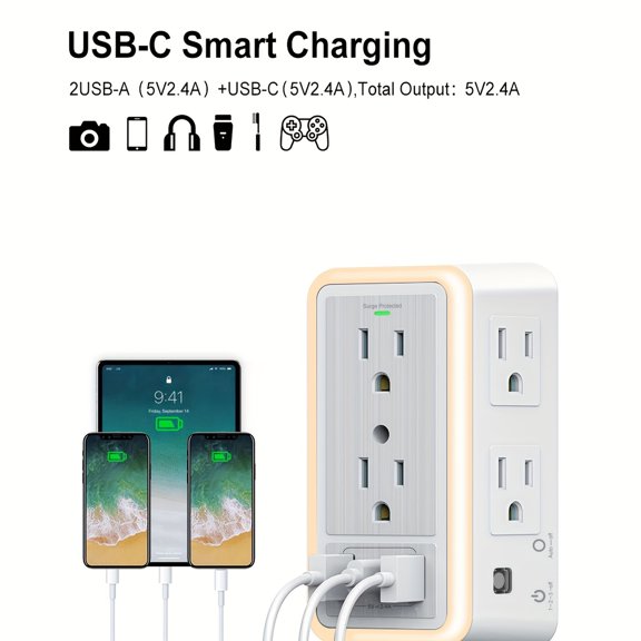6-Outlet Wall Plug Surge Protector with 3 USB Ports (1 USB C) & Night Light, 3-Sided Power Strip for Home/Office
