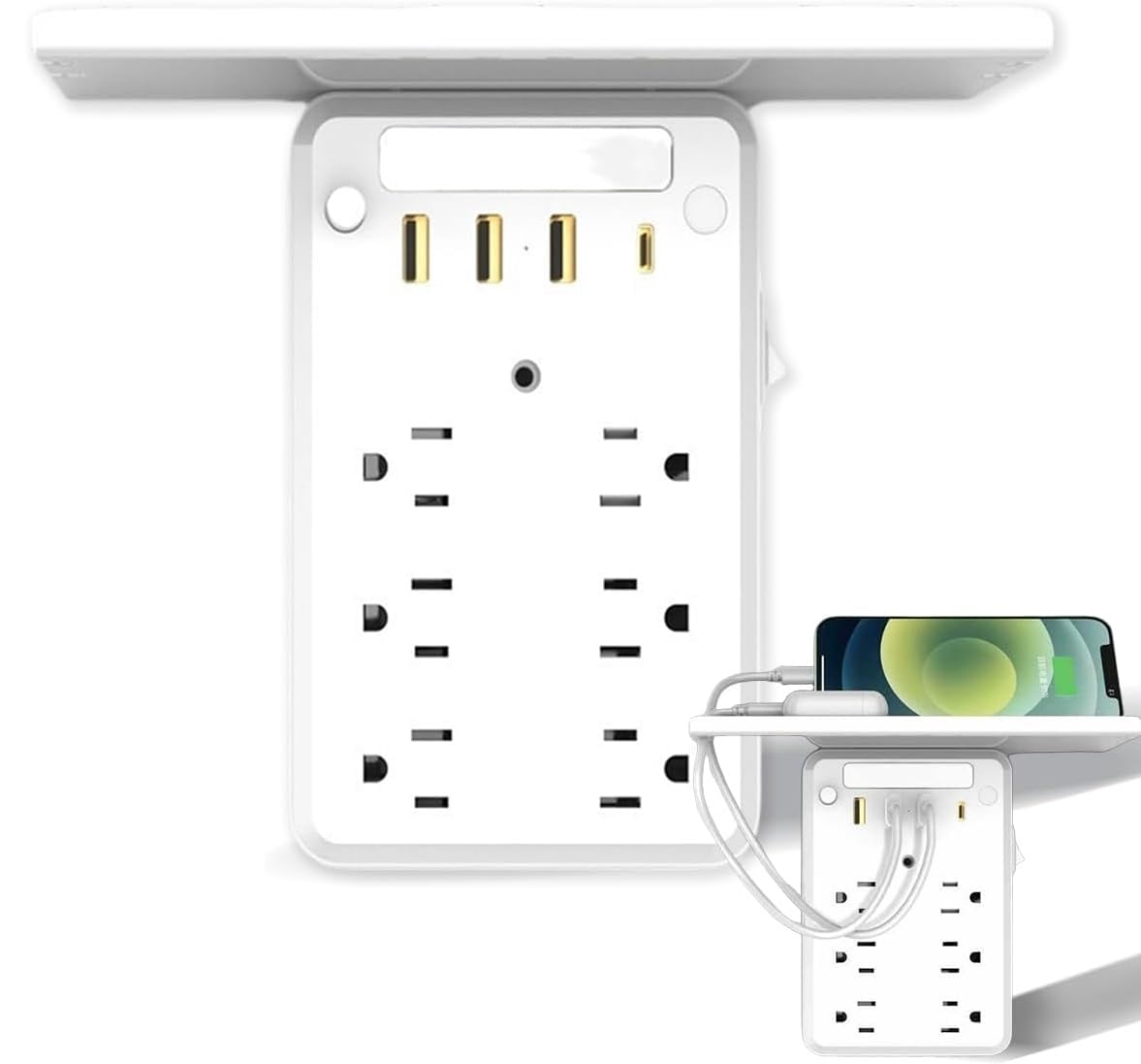 6 Outlets 3 USB Ports Multi-Functional Power Strip - Wall Outlet Extender with Shelf & Built-in Panel, for Home, Office, Travel & Outdoor Use  Z