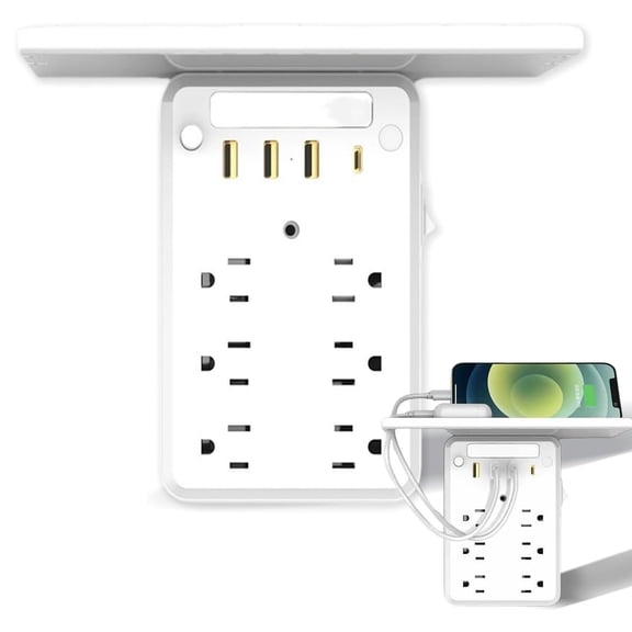 6 Outlets 3 USB Ports Multi-Functional Power Strip - Wall Outlet Extender with Shelf & Built-in Panel, for Home, Office, Travel & Outdoor Use Z