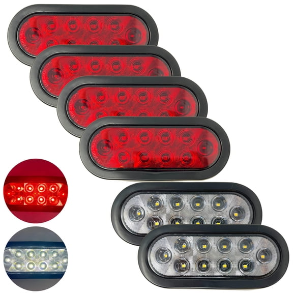 6" Oval 10 LED Trailer Stop Turn Tail Light Kit DOT Certified 4x Red+2x White