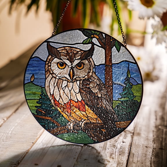 6" Owl Stained Glass Suncatchers Art Glass Owls for Sun Catcher Indoor Window Gifts for Pet Animal Nature Floral Lovers Women Grandma Mom Friend Painted Panel Dcor BIRD-07B-SG6