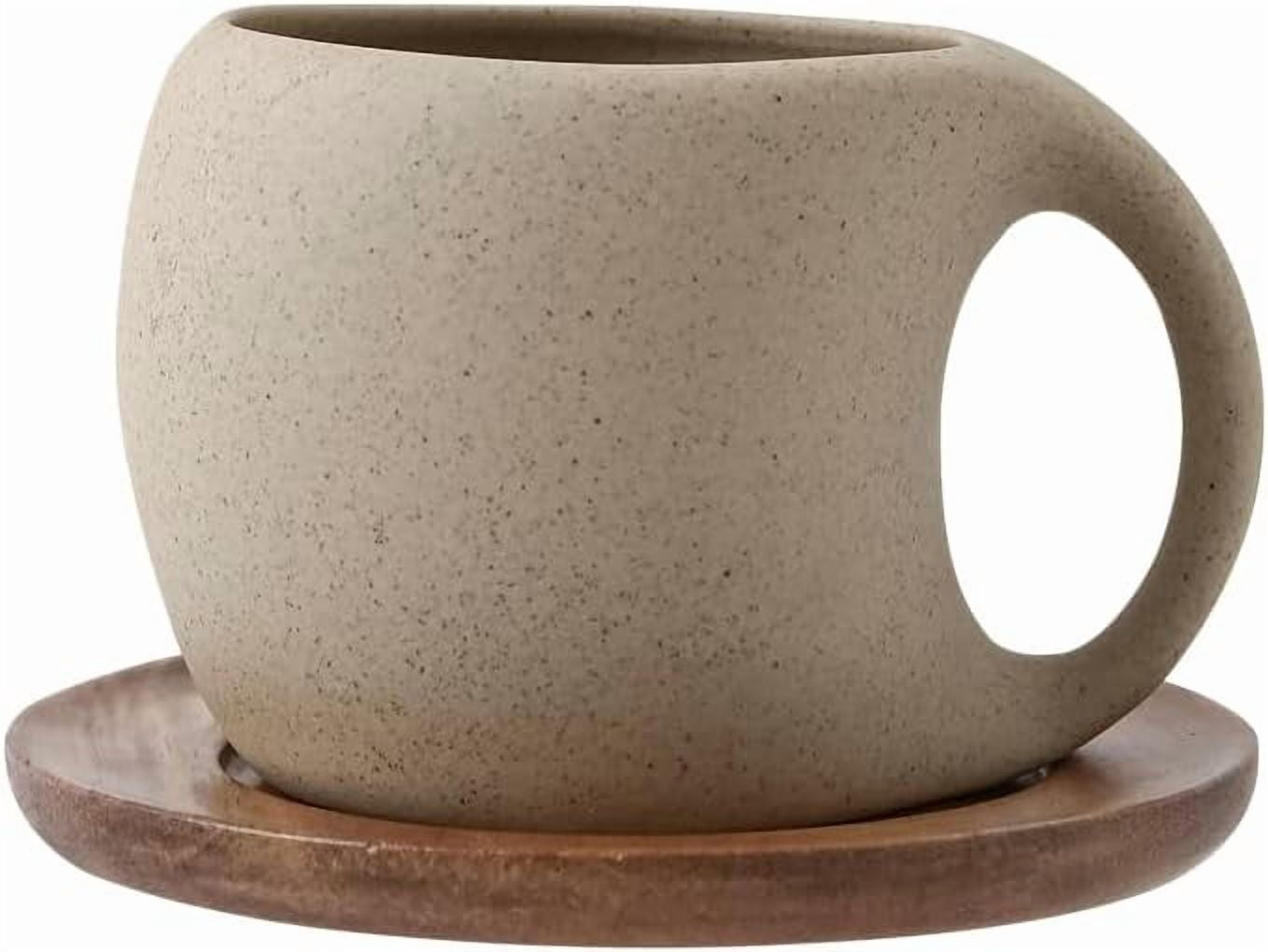 6 Oz Coffee Cup Mug Espresso Cups Set, Ceramic Cup with Natural Acacia Wood Saucer for Espresso, Latte, Cappuccino Coffee, Tea, Unglazed Porcelain Arty Mug (Natural Earthiness Finish)