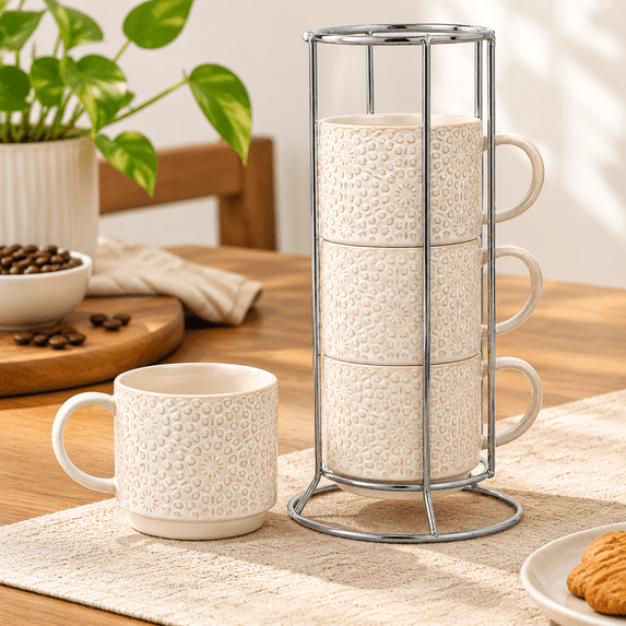 6 Oz Coffee Cups Set Of 4 Stackable Espresso With Metal Stand Ceramic ...