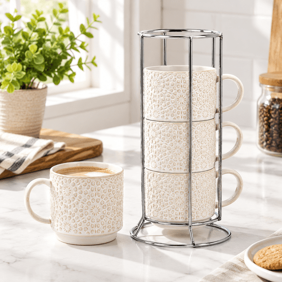 6 Oz Coffee Cups Set Of 4 Stackable Espresso With Metal Stand Ceramic ...