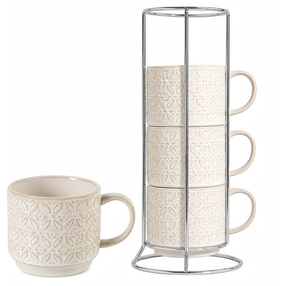 6 Oz Coffee Mugs with Stand, Stackable Ceramic Espresso Cups Set of 4, Embossed Coffee Cups Sets, Porcelain Cappuccino for Latte, Cocoa, Mocha, Tea, Dishwasher Safe, Vintage White