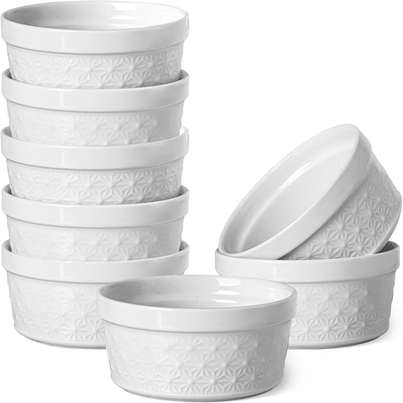 6 Oz Ramekins Oven Safe, Creme Brulee Ramekins Set of 8, Ceramic Souffle Dish, White Porcelain Snowflake Baking Bowls for Dessert, Pie, Tart, Souffles, Appetizers