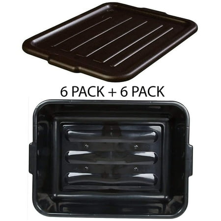 "6 PACK 20"" x 15"" x 7"" Black Polypropylene Bus Plastic Restaurant Dishwasher w/ Lids Tub"