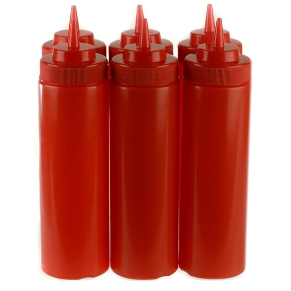 [6 PACK] 24 Oz Red Plastic Condiment Squeeze Bottles Squirt Bottle for Sauces, Dressing, Arts and Crafts, Ketchup, Mustard, Oil, BBQ - Clear Reusable Plastic Containers, BPA Free, Dishwasher Safe