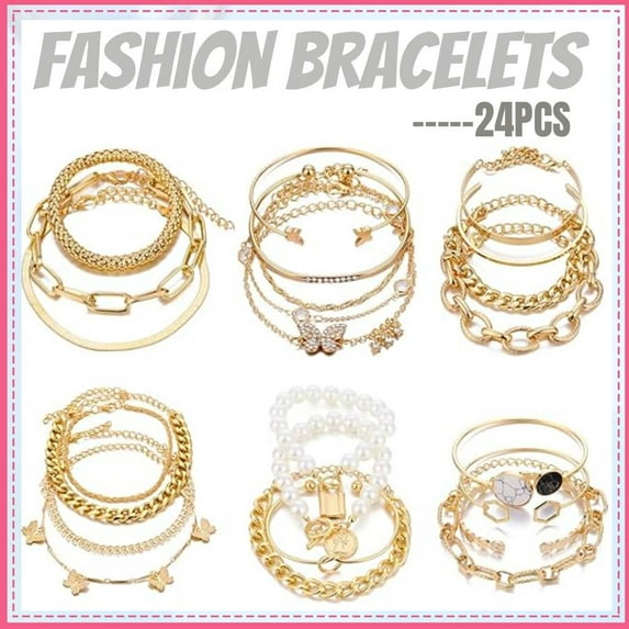 6 PACK (24 PCS) Boho Gold Chain Bracelets Set for Women, 14K Gold Plated Multiple Layered Stackable Open Cuff Wrap Bangle Adjustable