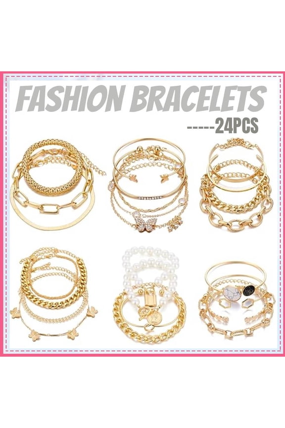 6 PACK (24 PCS) Boho Gold Chain Bracelets Set for Women, 14K Gold Plated Multiple Layered Stackable Open Cuff Wrap Bangle Adjustable