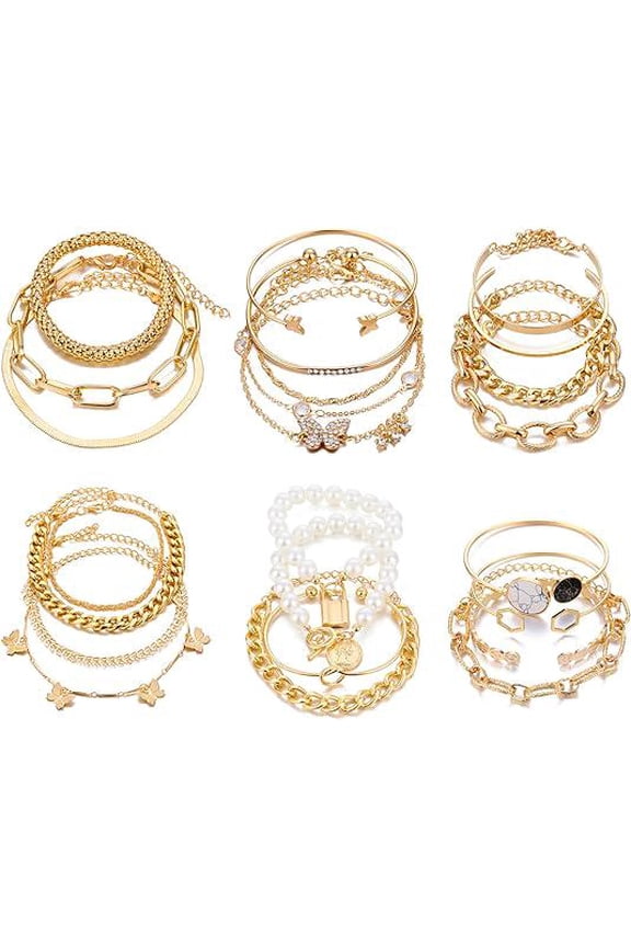 6 PACK (24 PCS) Gold Chain Bracelets Set for Women Girls - Boho Punk Stackable