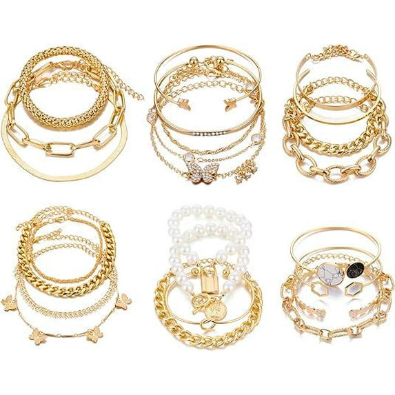 6 PACK (24 PCS) Gold Chain Bracelets Set for Women Girls - Boho Punk Stackable
