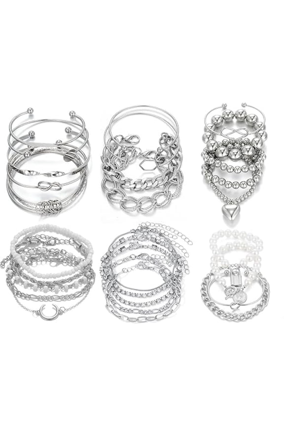 6 PACK (24 PCS) Layered Bracelet Set for Women, 14K Italian Gold Plated Boho Stackable Bracelets, Adjustable Cuff & Chain Link Anklets, Perfect Jewelry Gifts for Birthday Christmas Party